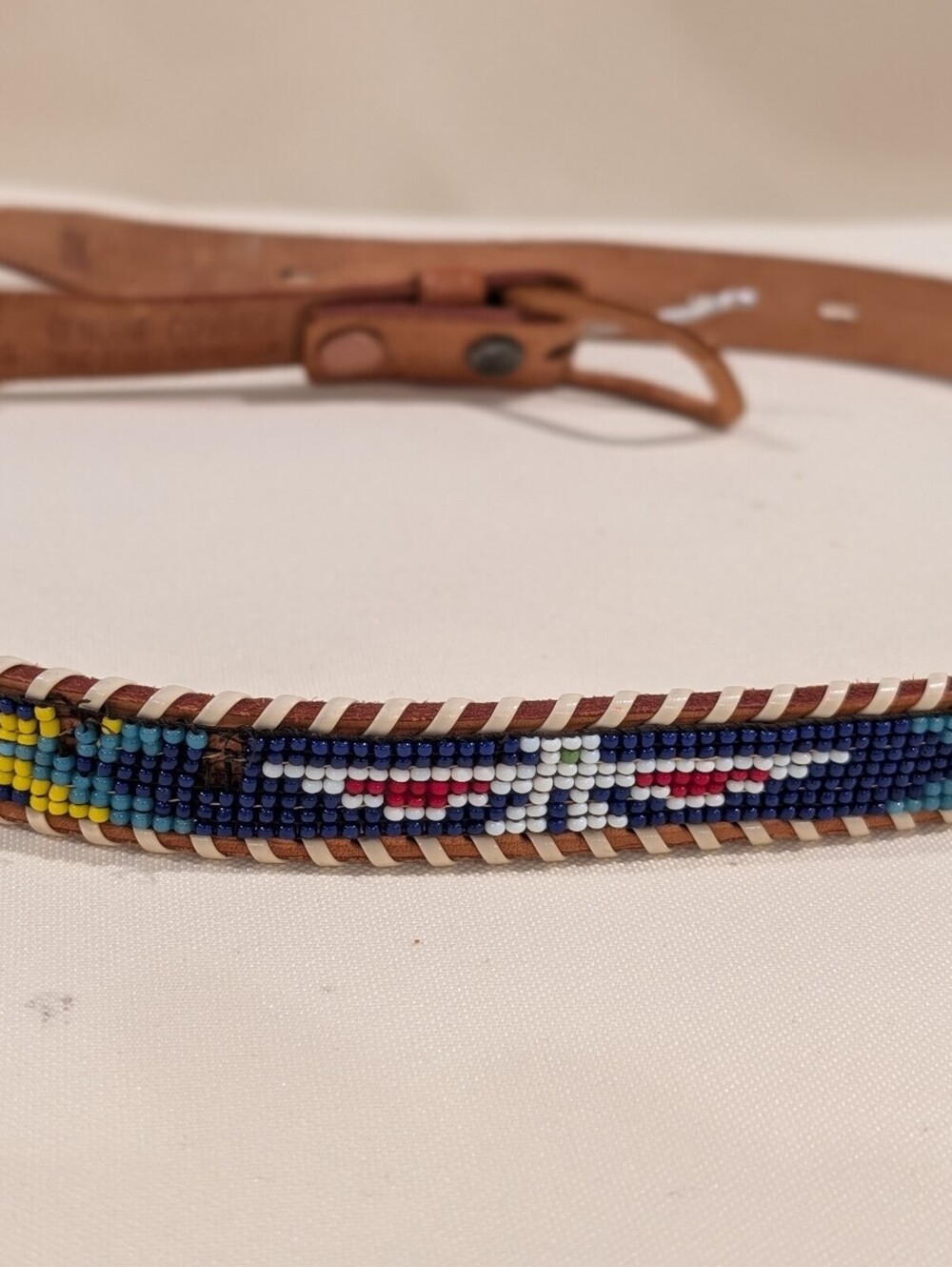 Vintage Hong Kong Hand Beaded Cowhide Leather Belt Southwestern Style size 28